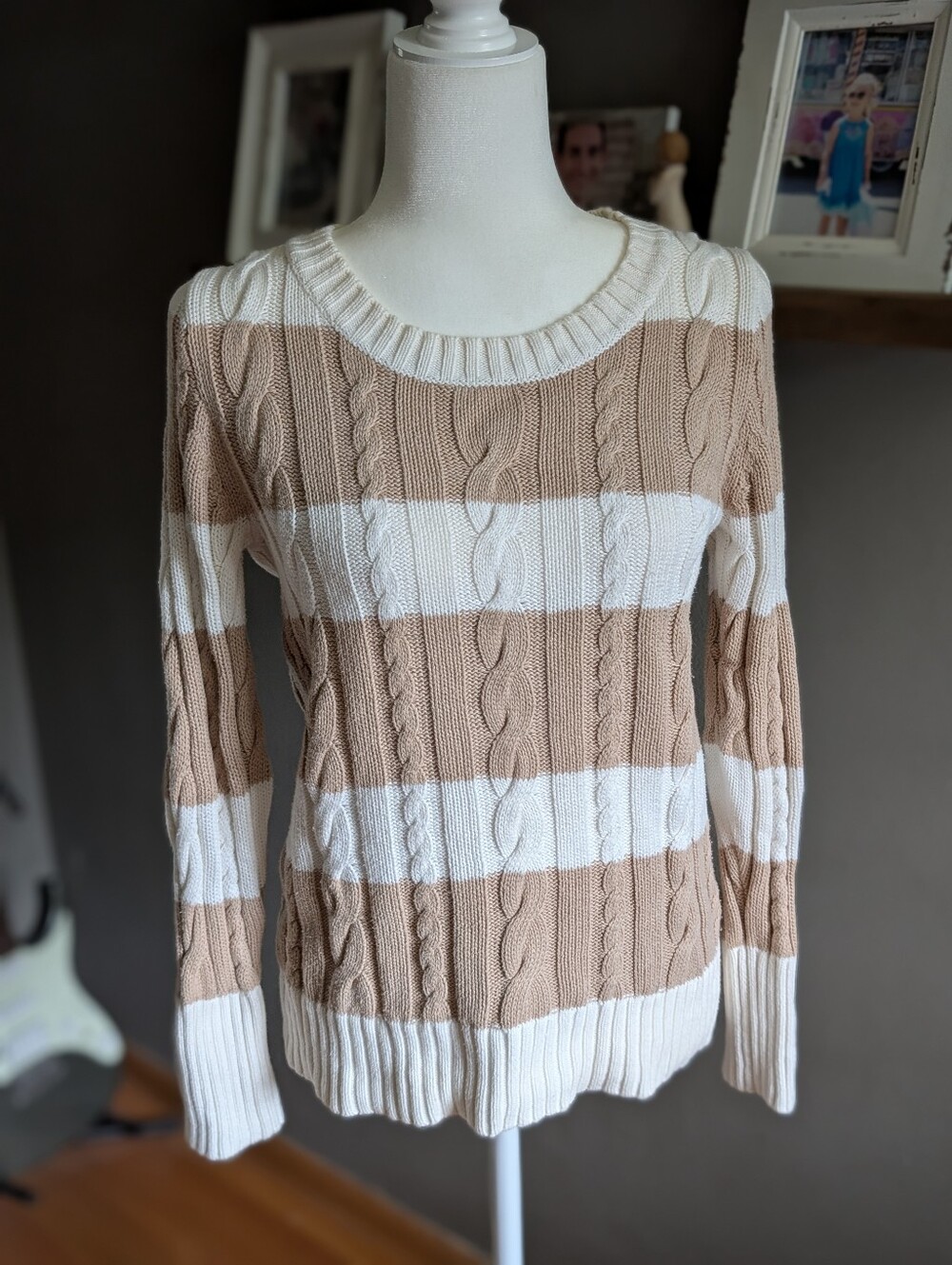 J.Crew Size S Tan White Striped 100% Cotton Cable Knit Sweater Preppy Coastal